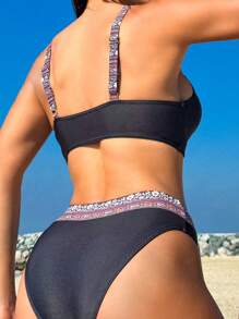 SHEIN Swim 夏季女士拼接编织肩带镂空比基尼套装 - 黑色 - 查看 3