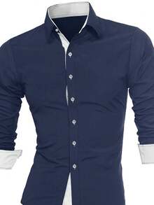 男士休闲通勤拼色纽扣长袖衬衫 - 藍白色 - 查看 3