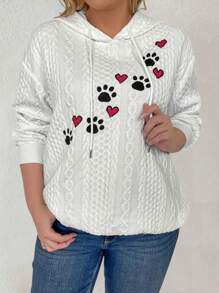 SHEIN Clasi 加大码爱心爪印落肩抽绳卫衣，适合毕业季、返校季、教师节等场合，秋冬新款。 - 白色 - 查看 4