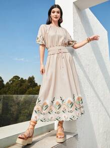 Seusyu Bộ áo và chân váy in hoa tay loe cho nữ 2 món - Màu be - Xem 6