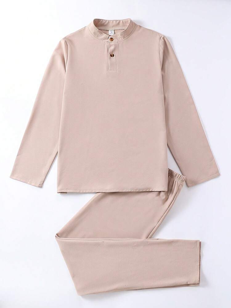 Teen Boys' Simple Deep Apricot-Colored Long Sleeve Loose Fit Homewear With Long Pants