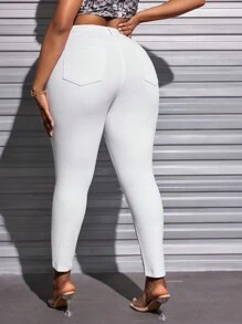 SHEIN SXY 加大碼高腰彈性破洞修身牛仔褲 - 白色 - 查看 3