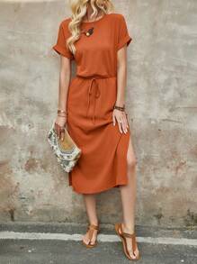 EMERY ROSE Women's Summer Brick Red Round Neck Batwing Short-Sleeve Midi Dress