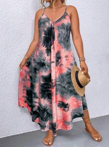 SHEIN Clasi Plus Size Women's Tie Dye Spaghetti Strap Dress Maxi Women Outfit - Black - View 4