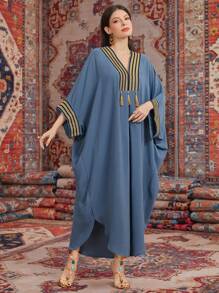 Al Najma Patchwork Ribbon Fringed Turkish Dress, Modest Kaftan - Blue - View 5