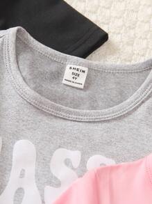 SHEIN Young Girls' Slogan Printed Short Sleeve T-Shirt And Shorts Set