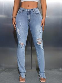 Women'S Distressed High Slit Hem Denim Pants - Blue - View 5