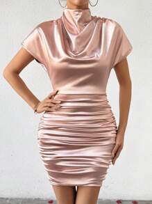SHEIN Unity Women Dresses Diikat Ruched Zip Plain Anggun - Baby Pink - View 5