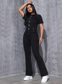 SHEIN EZwear Women's Denim Jumpsuit With Button Fly And Flared Legs - Black - View 5