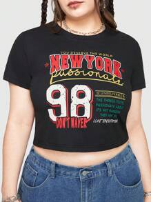 ROMWE Street Life Plus Size Sporty Slogan Print Tight Crop Top - Black - View 4