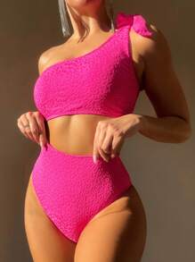 SHEIN Swim Summer Beach Solid Color Two-Piece Bikini Set - Hot Pink - View 1