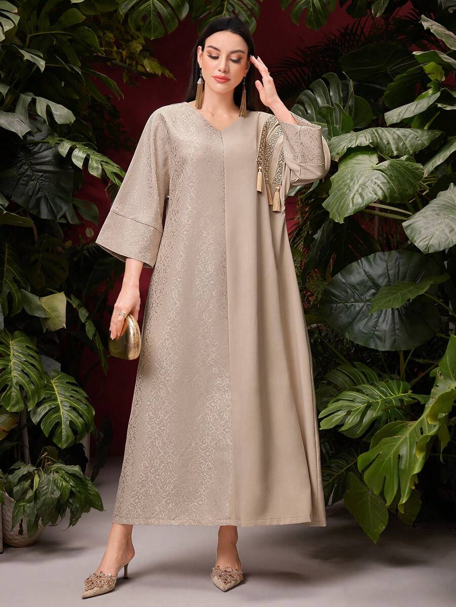 Al Najma Women's Splice V-Neck Tassel Detail Modest Long Sleeve Arabian Dress, Kaftan