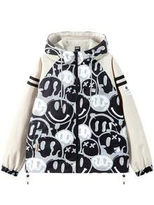 Chaqueta Con Capucha De Patrón De Cara De Dibujos Animados Para Hombres, Multicolor - Blanco y Negro - Ver 1