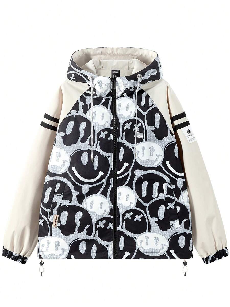 Chaqueta Con Capucha De Patrón De Cara De Dibujos Animados Para Hombres, Multicolor - Blanco y Negro - Ver 1