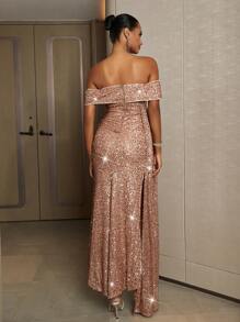 SHEIN Belle Vestido formal de oro rosa con lentejuelas, corte alto y fuera del hombro para mujer