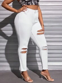 SHEIN SXY 加大碼高腰彈性破洞修身牛仔褲 - 白色 - 查看 6