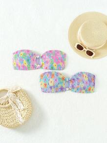 Swim Mod 夏季海滩女士花卉印花荷叶边泳装上衣，2 件/套，随机印花