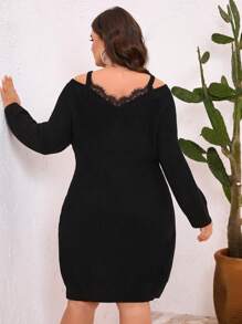 SHEIN Unity Vestido De Suéter De Talla Grande Con Hombros Descubiertos Y Encaje De Patchwork Para Mujeres - Negro - Ver 2