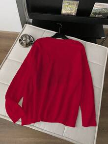 Flirla Red Round Neck Heart Plus Size Sweater - Red - View 2