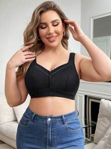 Women'S Plus Size Black Wide Strap Bra - Black - View 5