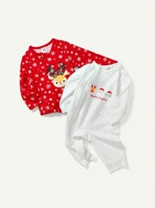 聖誕禮盒風格!新生兒長袖爬服和褲子套裝,適用於女寶寶 - 白色 - 查看 2