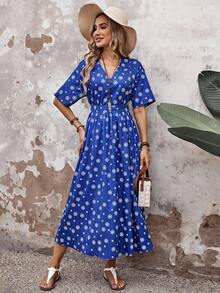 SHEIN LUNE 女性波點印花長夏季連衣裙,適用於工作 - 藍色 - 查看 3