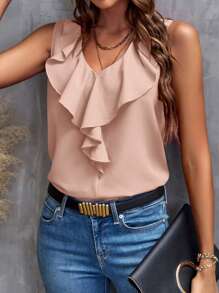 SHEIN Clasi Của phụ nữ Màu thuần Ruffle Cắt tỉa Áo không tay Với Trang trí - Bụi hồng - Xem 2