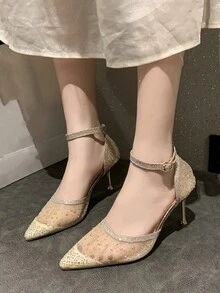 New Spring/Summer 2024 Elegant Pointed Toe Mesh Diamond Stilettos With Ankle Strap For Women, Breathable - Rose Gold - View 3