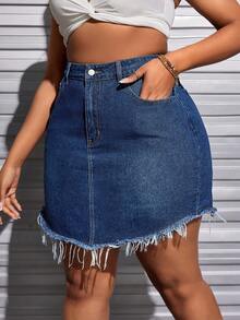 SHEIN SXY 女款大尺碼前長邊短磨邊時尚牛仔裙 - 深色水洗藍 - 查看 3