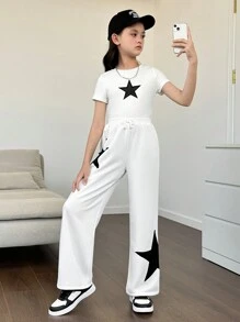 少女鬆身針織休閒運動褲,有星星圖案 - 白色 - 查看 3