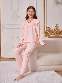 少女粉色長褲和長袖休閒兩件套家居服 - 粉色 - 查看 6