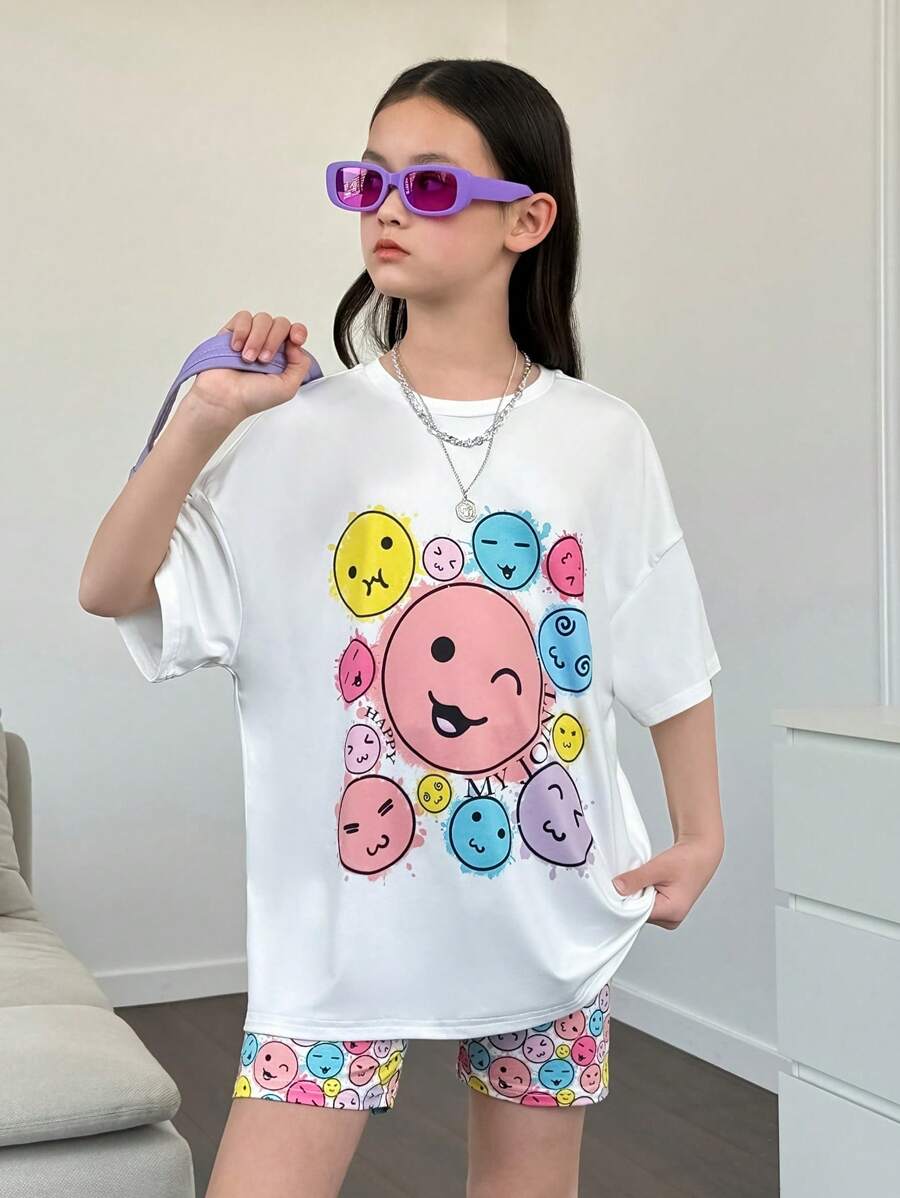 SHEIN Tween Girls' Knitted Solid Color Round Neck Loose Fit Casual T-Shirt And Shorts Co-Ord Set - White - View 1