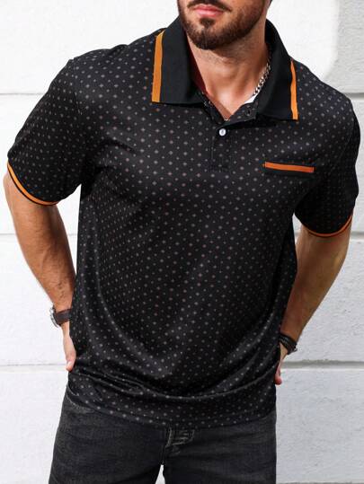 Manfinity Homme Men's Plus Size Floral Printed Short Sleeve Polo Shirt, For Going Out