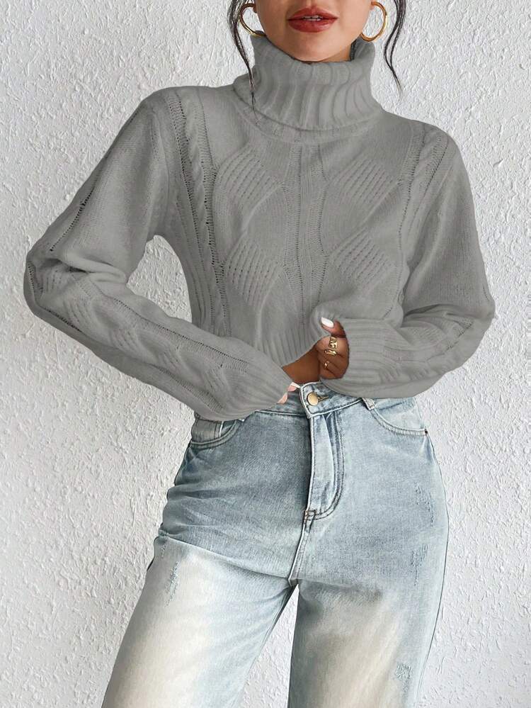 Women's Solid High Neck Cropped Knit Pullover Fall Winter Sweater