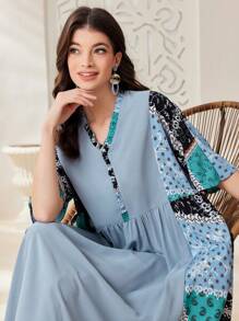 Seusyu 女款拼接印花阿拉伯娃娃圖案洋裝 - 藍色 - 查看 5