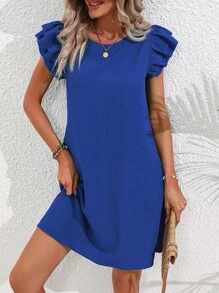 Breezaya Round Neck Double Layer Ruffle Sleeve Dress Vacation Beach Outfits Women - Blue - View 5