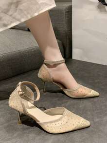 New Spring/Summer 2024 Elegant Pointed Toe Mesh Diamond Stilettos With Ankle Strap For Women, Breathable - Rose Gold - View 4