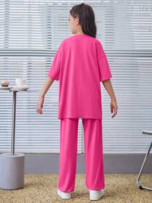 Tween Girls寬鬆版復古圓領字母印花t恤和褲子套裝 - 玫紅色 - 查看 2