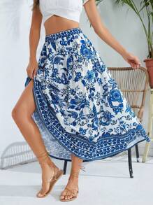 SHEIN VCAY 女士彈性腰花卉印花裙 - 藍色 - 查看 1