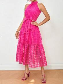 SHEIN Privé Plaid Mesh Halter Bridesmaid Dress - Hot Pink - View 1