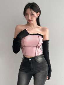 DAZY 女士撞色线缝设计上衣，露肩长袖女上衣，秋季女装 - 粉色 - 查看 5