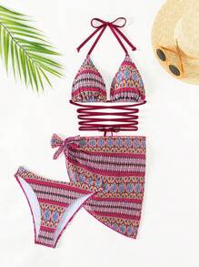Full Printed Geometric Pattern Bikini Set With Strappy Detailing And Swim Skirt New Year - Multicolor - View 1