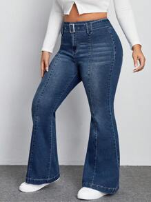 SHEIN EZwear Của phụ nữ Kích thước lớn Denim Quần loe - Màu xanh bụi bặm - Xem 3
