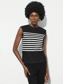 Maija Women'S Striped Patchwork Loose Fit Casual Tank Top - Black and White - View 6