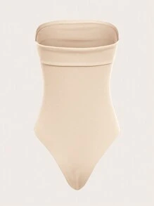 SHEIN EZwear 純色針織無肩帶連身衣 - 米色 - 查看 2