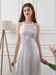 RueChic Teen Girls' Patchwork Sequin Halterneck Dress - White - View 3