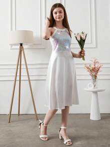 RueChic Teen Girls' Patchwork Sequin Halterneck Dress - White - View 5