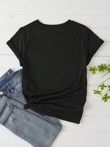 SHEIN 大码女式标语印花短袖 T 恤、Love Vibes 图案 T 恤、夏季上衣 - 黑色 - 查看 3