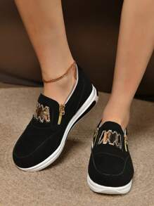 女士时尚休闲运动鞋，拉链装饰，秋季新款，低帮，个性化，加大码，女式运动鞋 - 黑色 - 查看 4