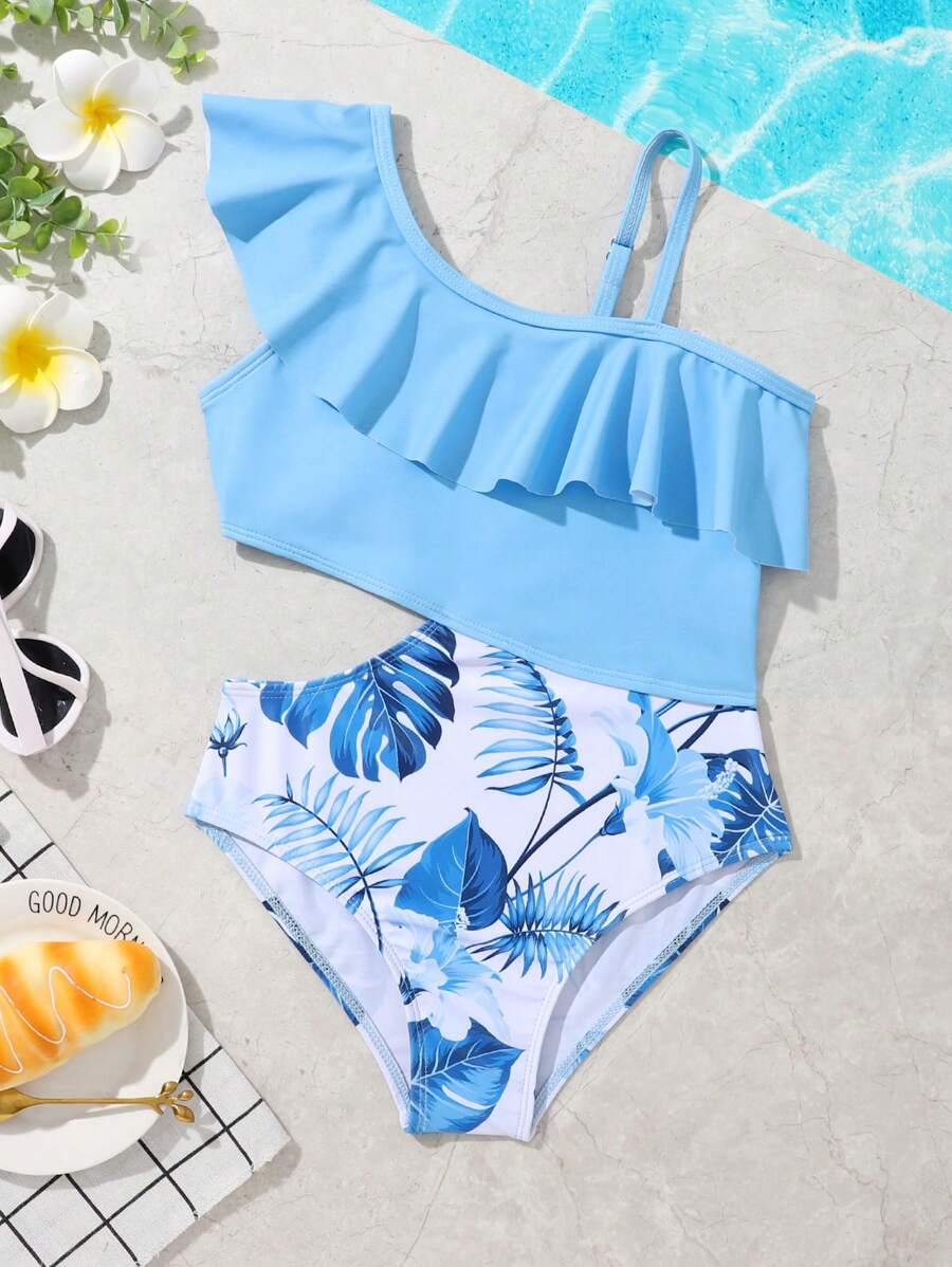 Tween Girl 1pc Tropical Print One Shoulder Ruffle Trim One-Piece Swimsuit - Baby Blue - View 1